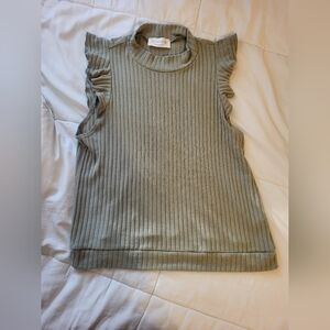 Ruffled Sleeve Ribbed Top in Sage Green